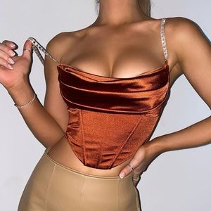 NEW Bronze Silky Satin Gem Strap Structured Corset